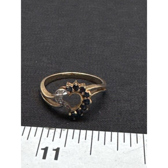 14K Yellow Gold Heart-Shaped Sapphire & Diamond Ring Size 6.5 - Picture 2 of 5